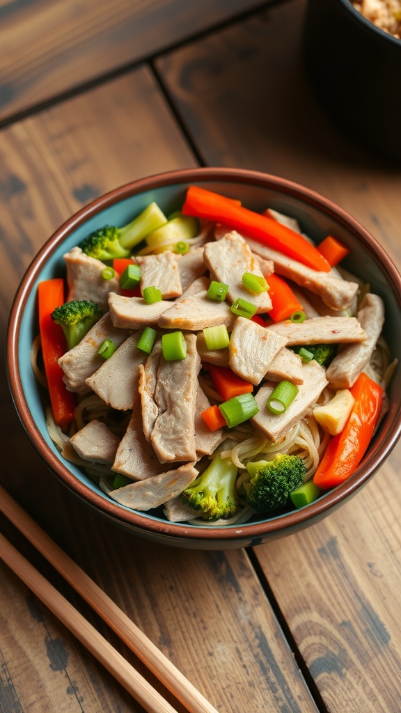 A bowl of savory pork stir-fried noodles with vegetables, garnished with green onions, on a rustic table.